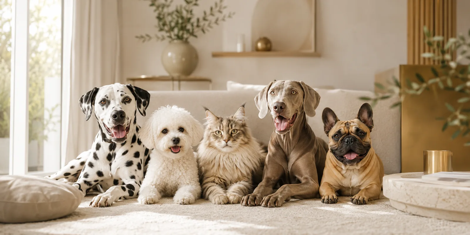 Dogs and a cat relaxing together in a bright home.